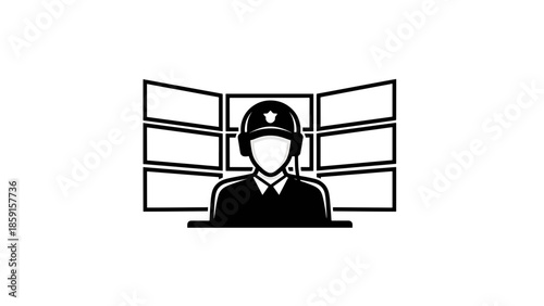 A black and white illustration of a security guard or operator in front of a bank of monitors in a control room