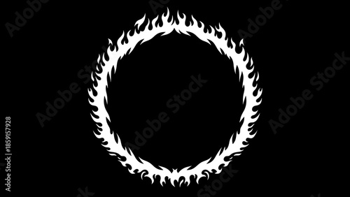 A black and white graphic design featuring an oval shape surrounded by a stylized flame pattern. A negative space is in the center