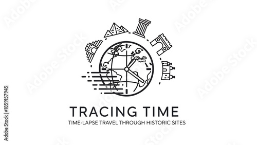 A black and white graphic design featuring a globe surrounded by landmark icons and clock hands. It shows a concept about time and history