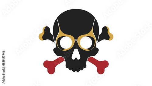 A black skull with gold detailing around the eyes and top of the head, with red crossbones beneath it, set on a white background