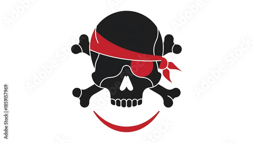 A black skull with crossbones, a red eye patch and bandana, and a red smiling crescent below, on a white background