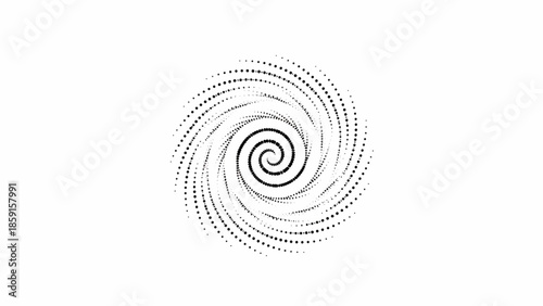 A black spiral composed of dots on a white background. Dots are densely packed towards the center. Radial pattern gives a sense of movement