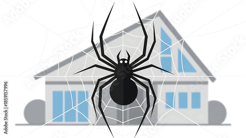A black spider sits centered in a web in front of a house illustration. Blue windows and gray details on a white background