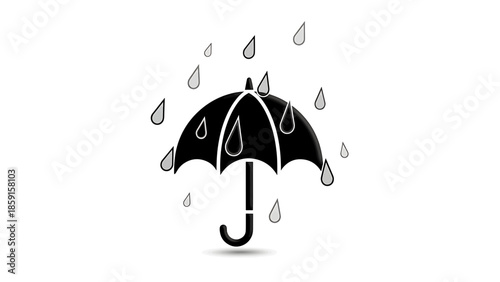 A black umbrella shields from falling raindrops. Drops are different shades of gray against a white background, with a slight shadow