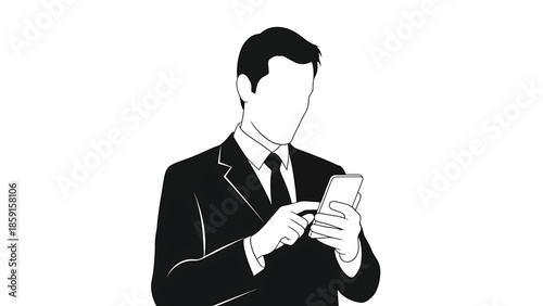 A black and white illustration of a suited figure, interacting with a smartphone, facing away, with no facial features