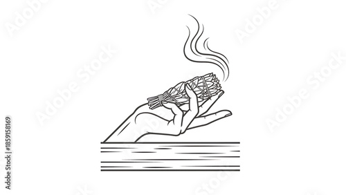 A black-and-white illustration of a hand holding a bundle of herbs emitting smoke. Beneath the hand is a horizontal line