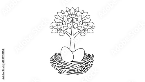 A black and white illustration shows a tree with a nest at its base, holding two eggs. A symbol of growth