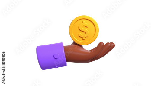3D rendered hand holding a golden dollar coin, symbolizing financial transaction and digital economy growth