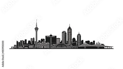 A black and white, minimalist cityscape illustration featuring iconic structures like a tall tower, multiple buildings, and a suspension bridge. The graphic is clean and bold