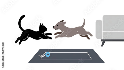 A black cat and a gray dog leap towards each other over a rug, a sofa sits at the side of them in a minimalist illustration