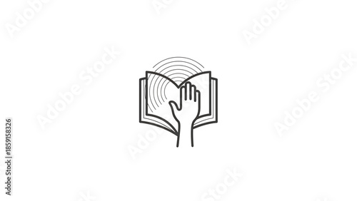 A black and white line art illustration depicts an open book with a hand placed upon it and radiating lines around the book's top