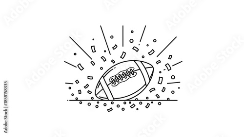 A black and white line art illustration depicts an oval sports ball surrounded by celebratory confetti and lines radiating outwards
