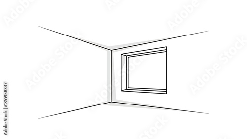 A black and white minimalistic line drawing of an interior corner with a window and angled lines creating perspective