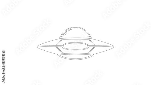A black and white outline of a flying disc shape with a dome on top and a circular window. It is centered on a white background