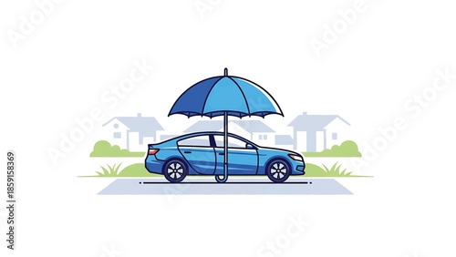 A blue car parked on a road is protected by a large blue umbrella. Houses and grass are in the background, illustrating protection