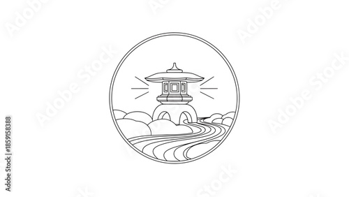 A black and white line art illustration within a circle, depicting a traditional lantern on a stone structure near a winding stream