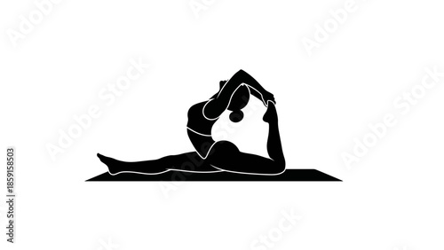 A black and white silhouette of a person practicing yoga, stretching in a graceful pose on a mat. The figure is well-defined