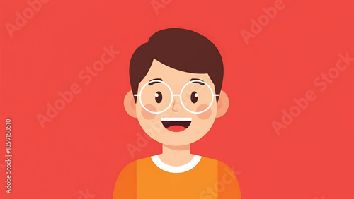 A cartoon boy with brown hair, round glasses, and an orange shirt, set against a textured red background. He smiles