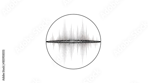 A black circle encloses a speckled pattern that resembles sound waves, bisected by a dark horizontal line. The background is white