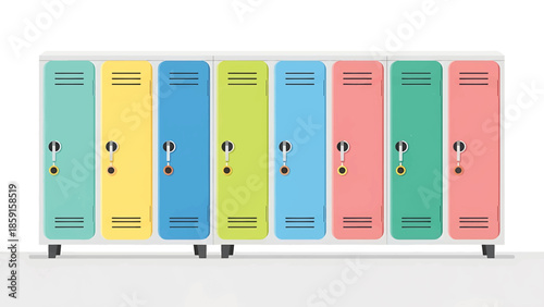 A brightly colored row of school lockers, each with a different door color and simple handles. They are placed against a white background