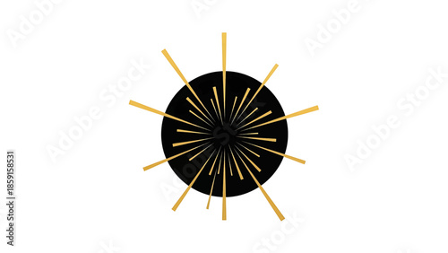 A black circle emitting golden rays against a white background. The design is abstract and radiates outward from the center