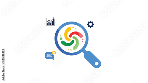A blue magnifying glass with a colorful spiral inside, representing concepts of search, analysis, and growth, with a cogwheel and an SEO icon