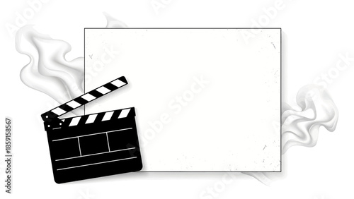 A black clapperboard overlays a blank white rectangle with wisps of white smoke on a white background, suggesting film making