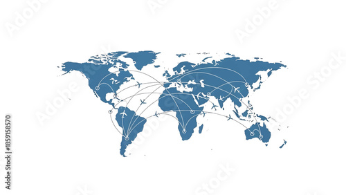 A blue map showing the world with various routes of air travel. Planes flying between continents. The background is white