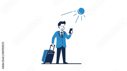 A cartoon business traveler, in a blue suit, standing and looking at his phone with a rolling suitcase next to him under a stylized sun