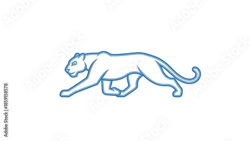 A blue outlined illustration of a large cat in motion, showcasing its anatomy on a clean white background. Its pose suggests action