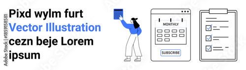 Financial planning, subscription tracking, task management, organization, productivity, digital services. Person interacting with a checklist, calendar and subscribe button. Subscription tracking