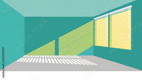 A brightly lit room with a window featuring yellow blinds. Light streams in creating shadows. The walls are teal. A white and gray floor adds contrast