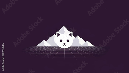 A cartoon cat face in front of a mountain range above a grid and a textured dark purple background. This looks like a retro-futuristic landscape