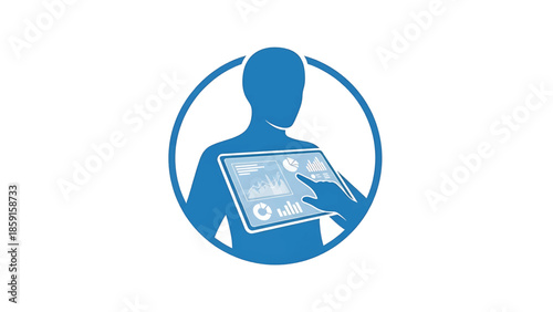 A blue silhouette of a person inside a circle, interacting with a tablet displaying charts and graphs. The finger of a hand is touching the screen