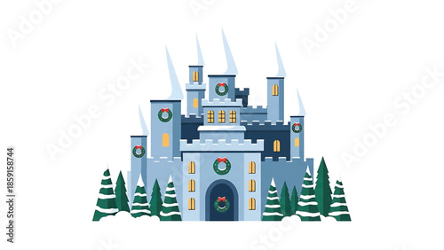 A cartoon castle illustration with snow-covered trees, wreaths, and icicles, set against a white background, evoking winter holidays