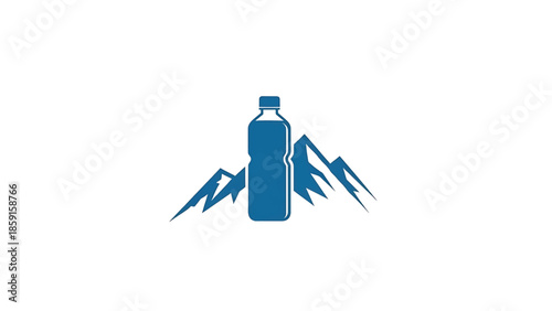 A blue silhouette logo depicts a bottle of water placed between two mountain peaks, evoking a sense of purity and nature