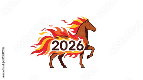 A brown horse with fiery mane and tail, with the year 2026 integrated within the flames. The horse is positioned dynamically
