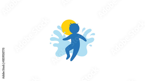 A blue silhouette of a person jumping in water, with a yellow sun in the background. Water splashes surround the figure. All on white