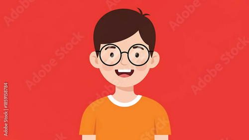 A cartoon character with brown hair, glasses, and an orange shirt is shown against a red background. The character has a happy expression and is smiling widely