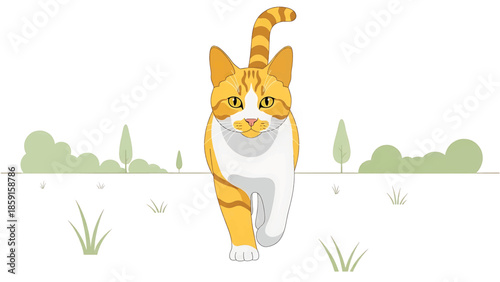 A cartoon cat, orange and white, walks towards the viewer. The background has simple green foliage and grass against a white background. The cat's tail is up