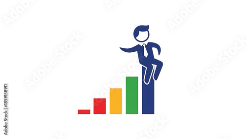 A business stick figure with a tie is shown jumping to the highest colored bar, representing success. A graph is shown below