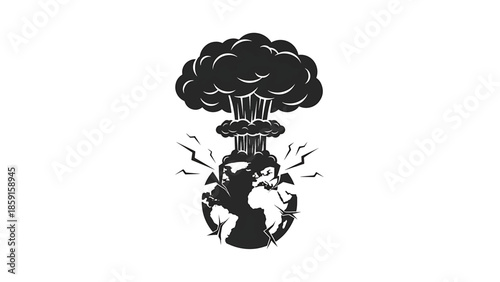 A black illustration depicting the Earth being engulfed by a nuclear explosion. The planet is cracked, and bolts of lightning surround it