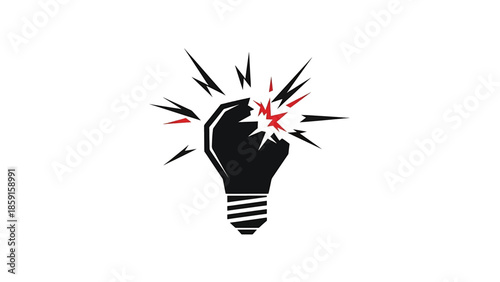 A black lightbulb design, fractured with red and black radiating lines emanating from the break. Represents ideas