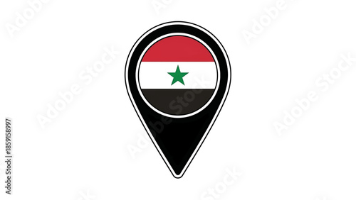 A black location pin with a flag inside, consisting of red, white, and black horizontal stripes with a green star in the middle