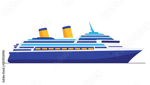 A cartoon cruise ship is depicted in a side view against a clean white background. It's a blue vessel with yellow smokestacks
