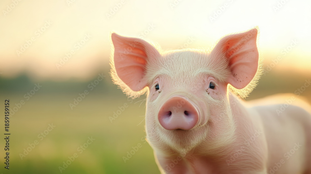 Fototapeta premium Cute piglet looking curiously in a green field at sunset