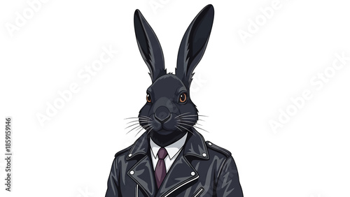 A black rabbit, human-like in attire, wearing a biker jacket and a tie. The illustration is on a white background