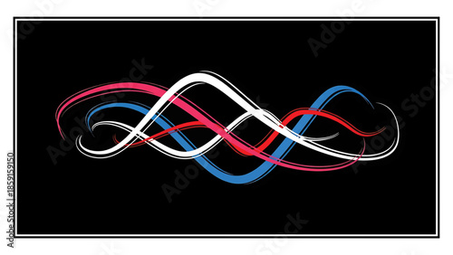 A black rectangular background framed with a white border contains a complex, flowing design composed of overlapping brushstrokes. The strokes are in white, red, blue, and pink