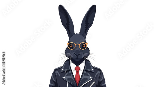 A black rabbit, sporting glasses, a white collared shirt, and a red tie, poses with a black leather jacket. A stylish creature