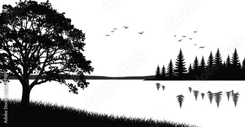 Black Forest and Lakeside Landscape Silhouette Vector Illustration, Tree on Hill by Lake Water with Flying Birds, Nature and Outdoor Wilderness Scenery Graphic Art